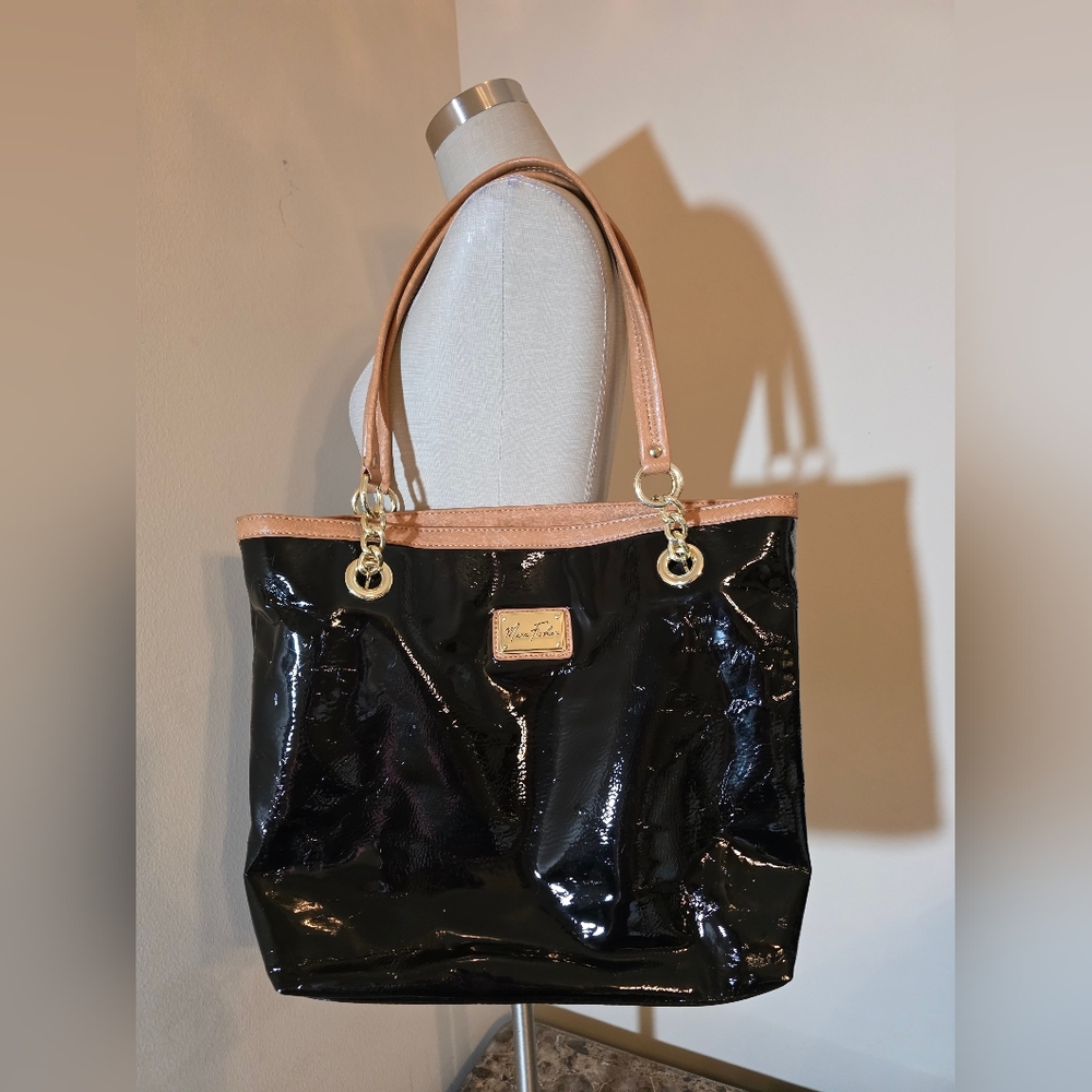 Marc Fisher Rock Star Tote (Glossy Black w/ Tan Handles/Trim)